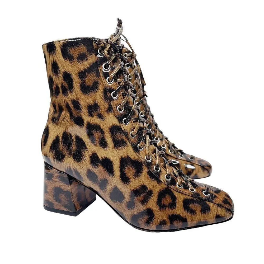 SCHUTZ Kika Leopard Print Patent Leather Lace-Up Boot
